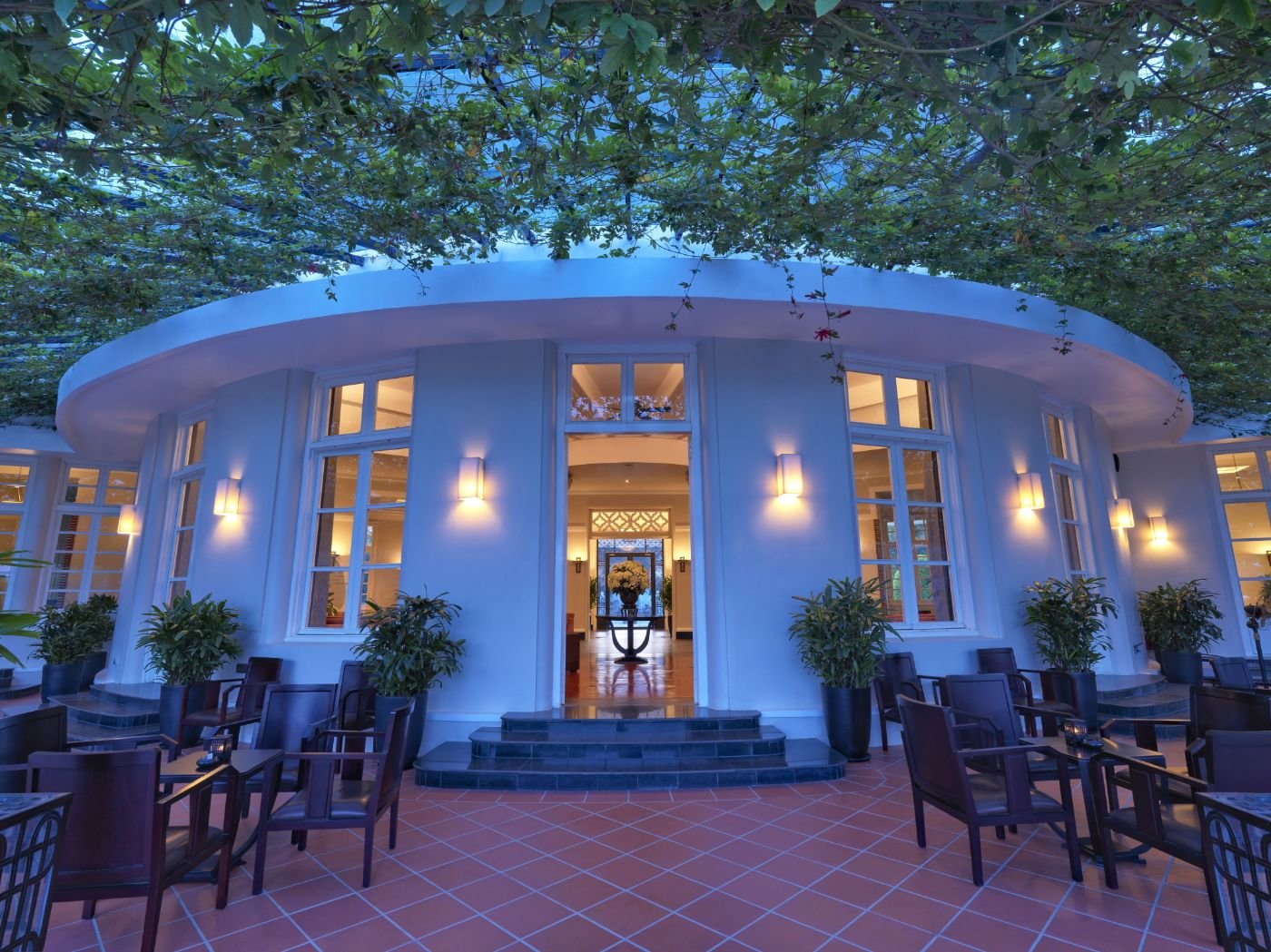 The Bar Terrace at dusk, where the anniversary photographs hang this September.
