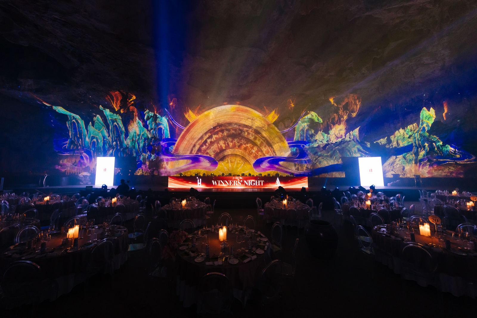 Projection and lighting span the chamber during an evening programme.