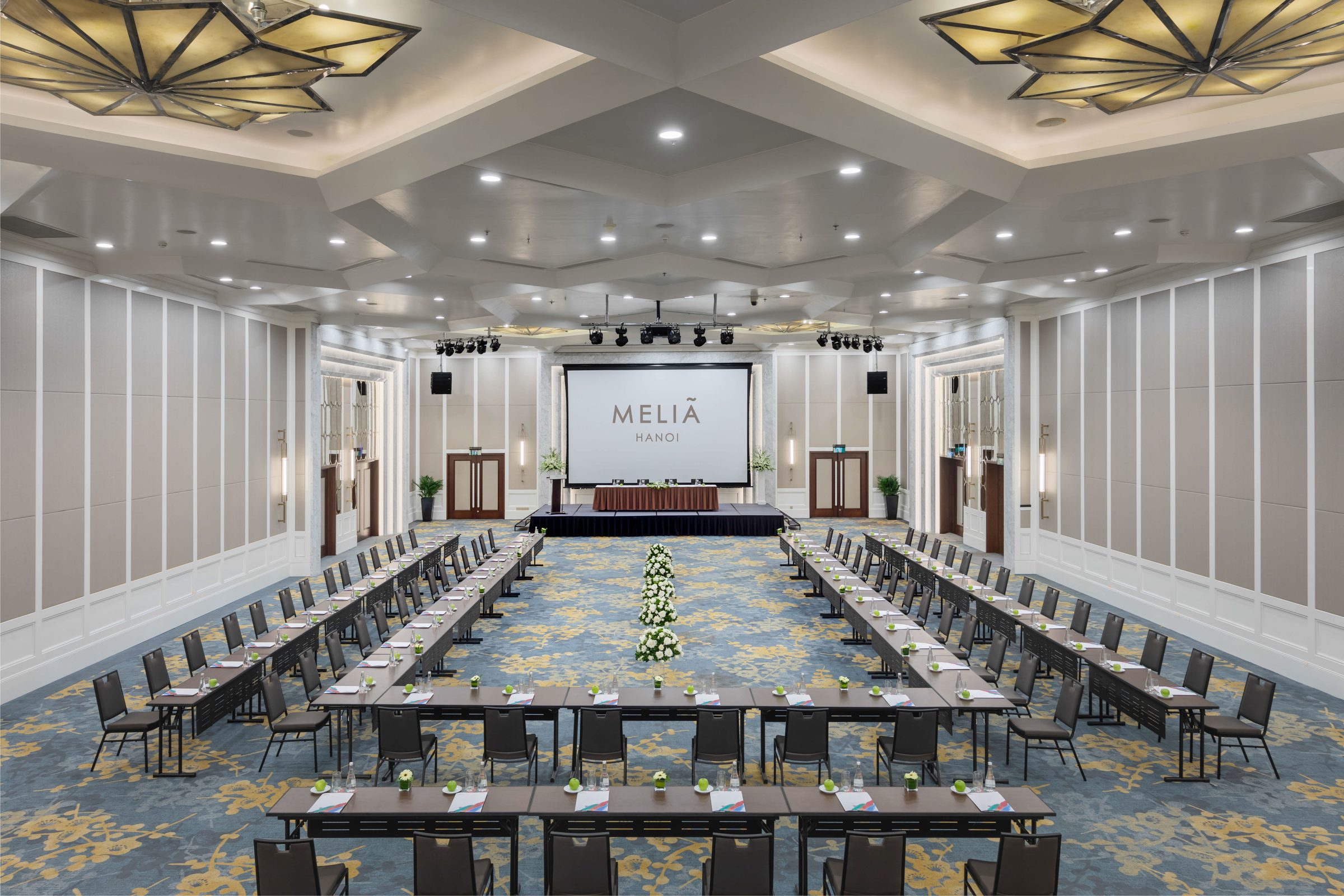 The Thang Long Ballroom in conference configuration. Four private elevators serve the room.