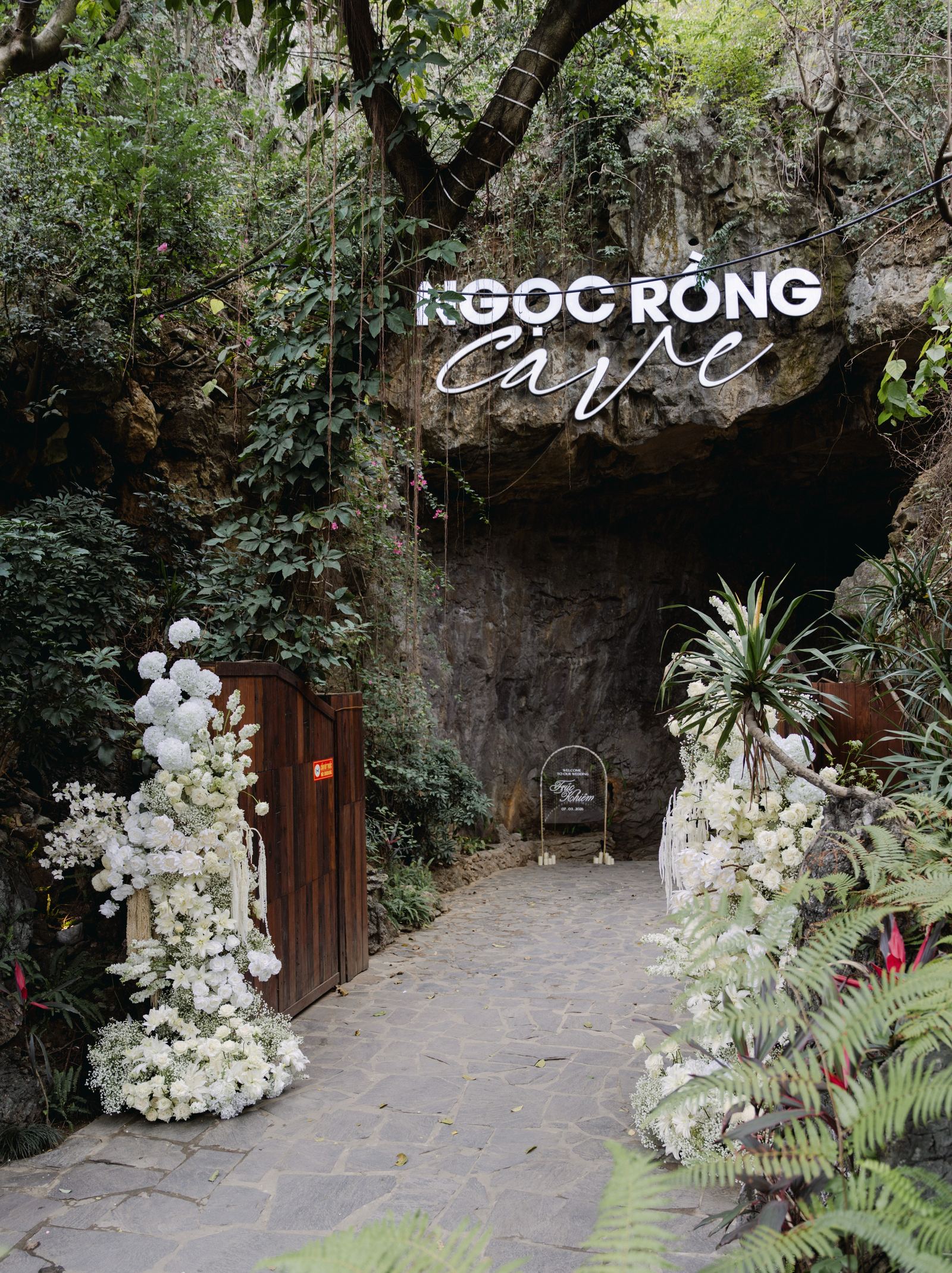 The cave entrance at Cam Pha, dressed for a private event. Guests are asked to arrive an hour before the performance.